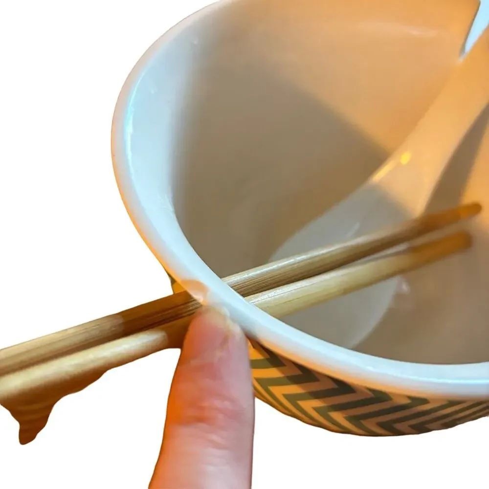 Blue White Striped Ramen Bowl Set with Wooden Chopsticks and Ceramic Spoon